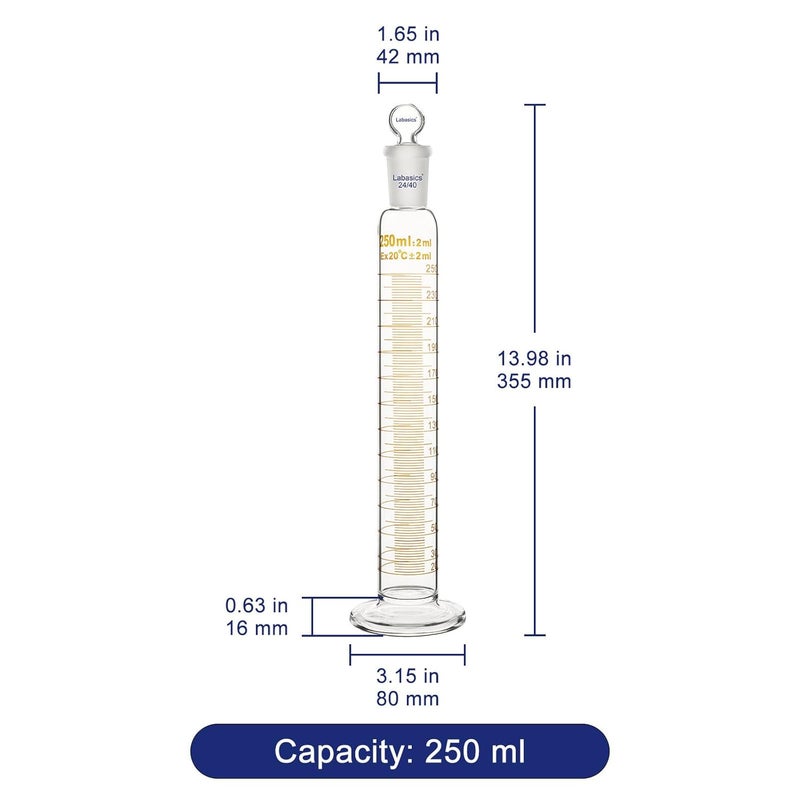 Labasics Graduated Cylinder with Stopper, 250 ml Borosilicate Glass Measuring Cylinder with 24/40 Standard Ground Joint Stopper, Durable Laboratory Glassware for Accurate Liquid Measurement - Image 4
